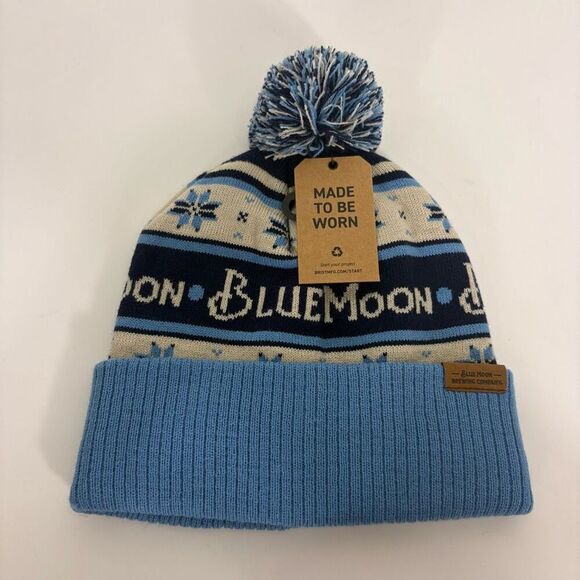 New Blue Moon Brewing Company Blue Winter Pom Pom Winter Cuffed Hat - Picture 1 of 8